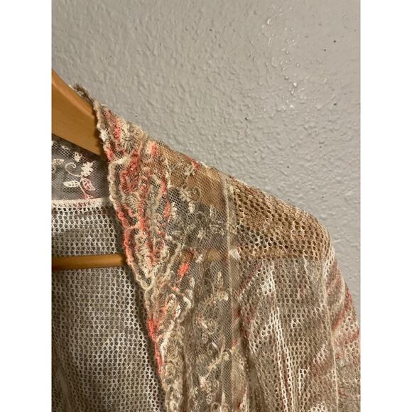 Chicos Womens Kimono Size 2 US L Beige Linen Blend Fringe Hem Sheer Fairy Boho - Picture 4 of 10